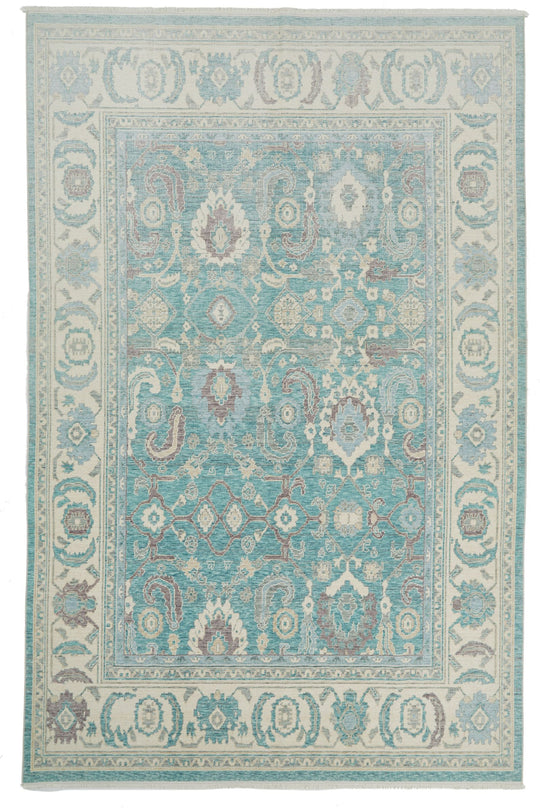 6x10 Green and Ivory Turkish Traditional Rug