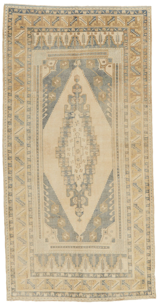 5x9 Beige and Green Turkish Tribal Rug