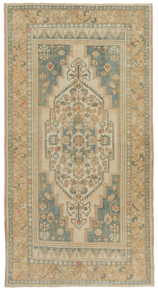 6x10 Green and Ivory Turkish Tribal Rug