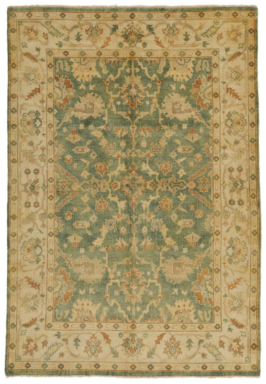 6x9 Green and Ivory Turkish Oushak Rug