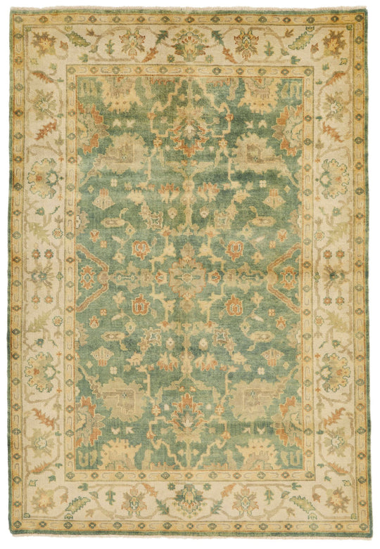 6x9 Green and Ivory Turkish Oushak Rug
