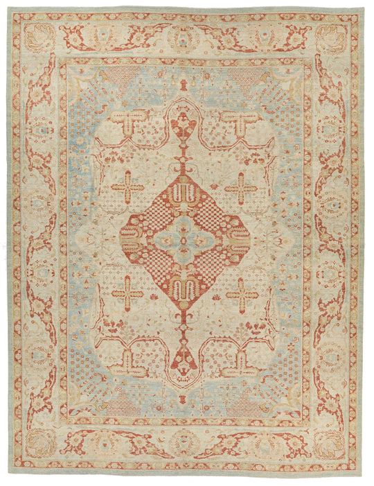 11x14 Blue and Ivory Turkish Oushak Rug