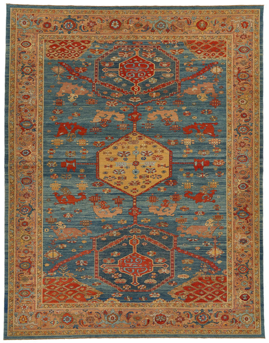 9x12 Blue and Light Peach Turkish Traditional Rug