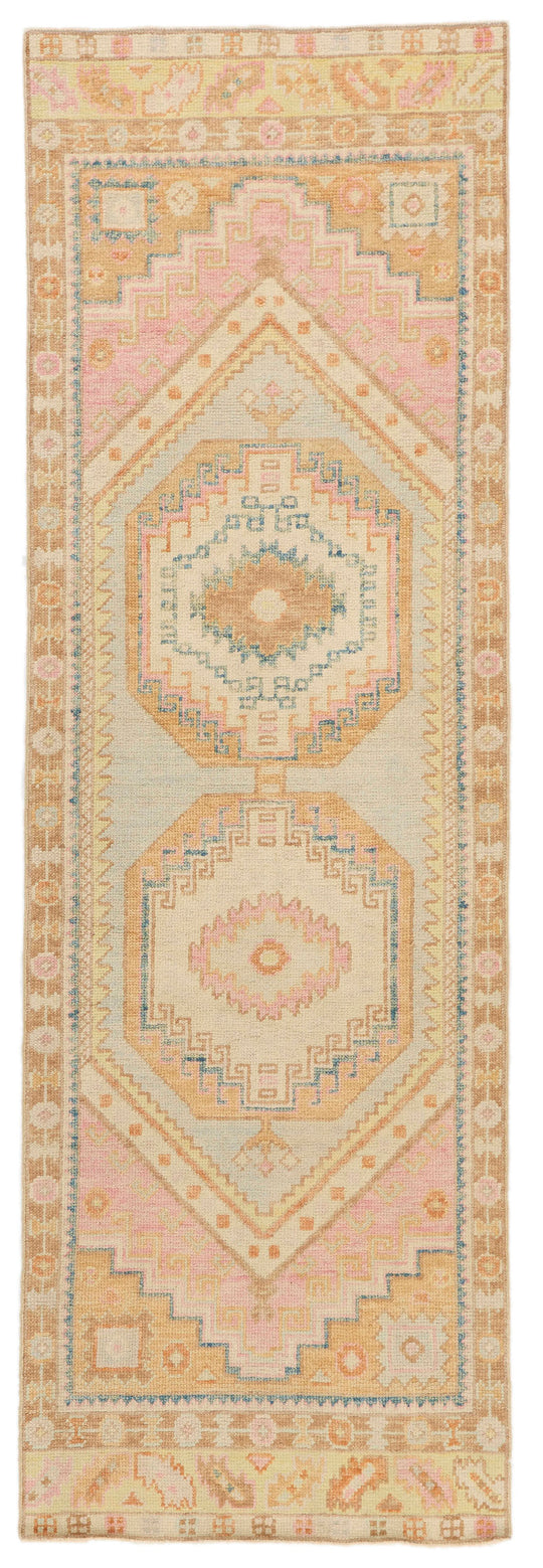 3x9 Light Green and Multicolor Turkish Oushak Runner