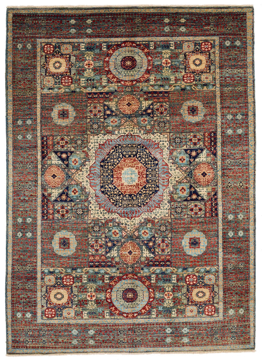 5x7 Green and Multicolor Turkish Tribal Rug