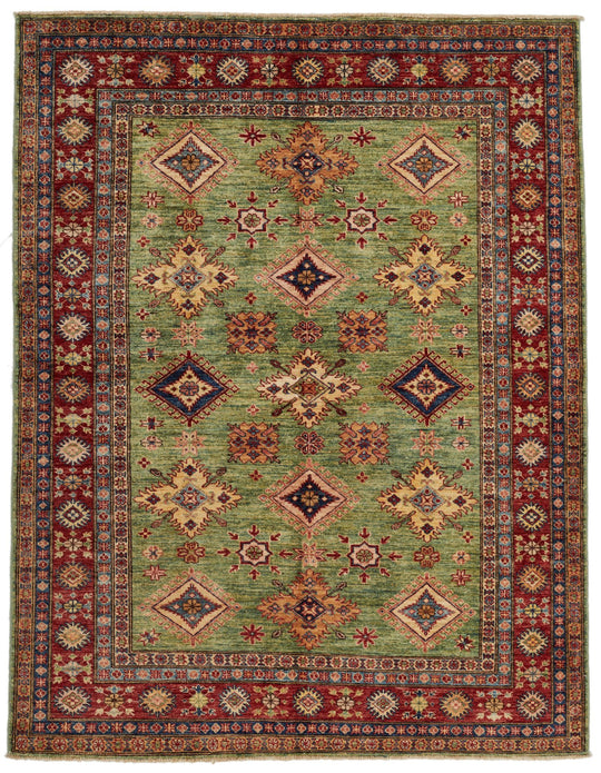 5x6 Green and Red Kazak Tribal Rug