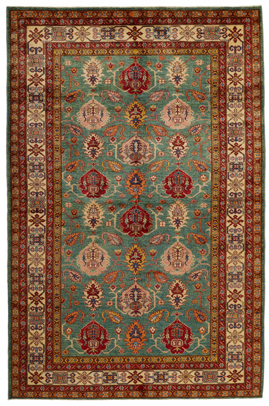 6x9 Green and Ivory Kazak Tribal Rug