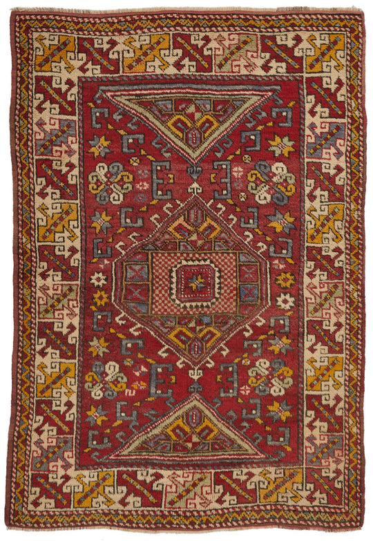 4x6 Red and Ivory Turkish Tribal Rug