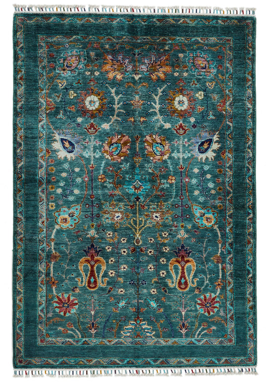 4x6 Green and Multicolor Turkish Tribal Rug
