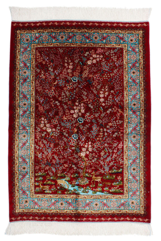 3x5 Red and Blue Turkish Silk Rug