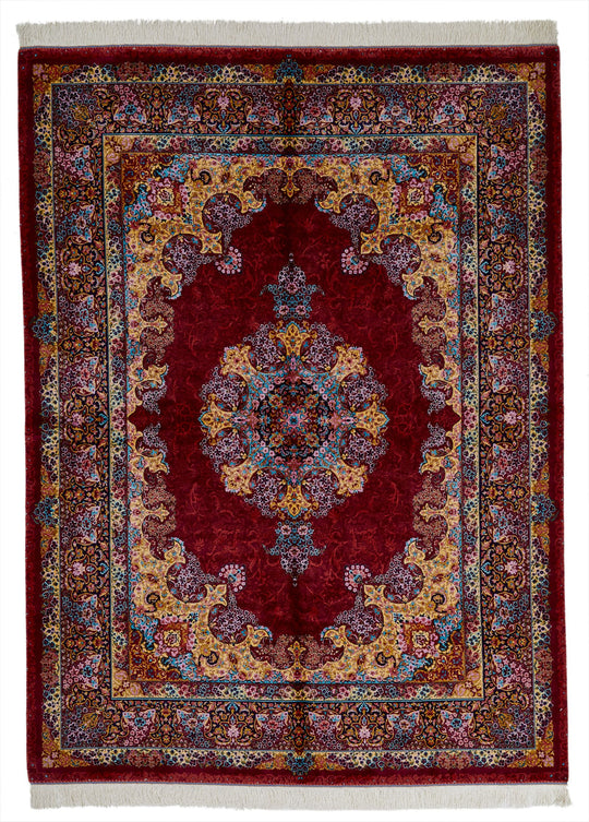 5x7 Burgundy and Multicolor Turkish Silk Rug