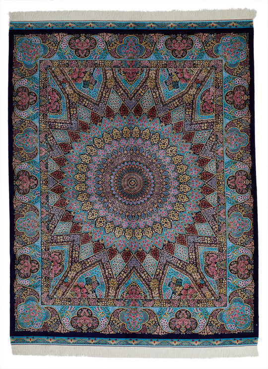 5x7 Navy and Blue Turkish Silk Rug