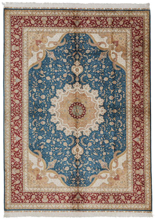 7x10 Blue and Red Turkish Silk Rug