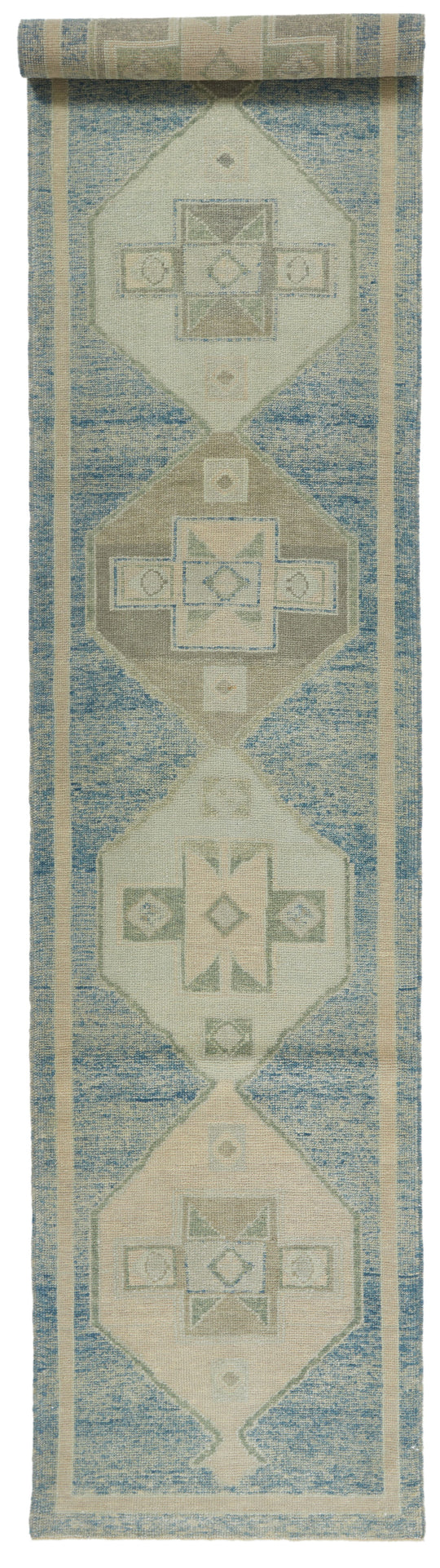 3x17 Blue and Beige Turkish Oushak Runner