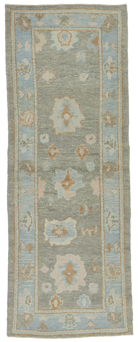 3x8 Gray and Blue Turkish Oushak Runner