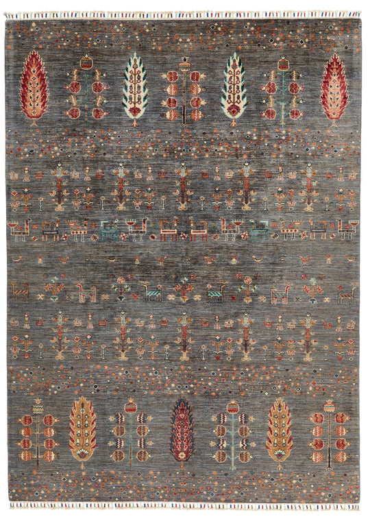 6x8 Gray and Multicolor Turkish Tribal Rug