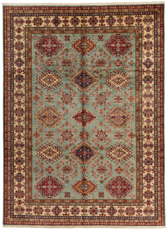 9x12 Olive Green and Ivory Kazak Tribal Rug