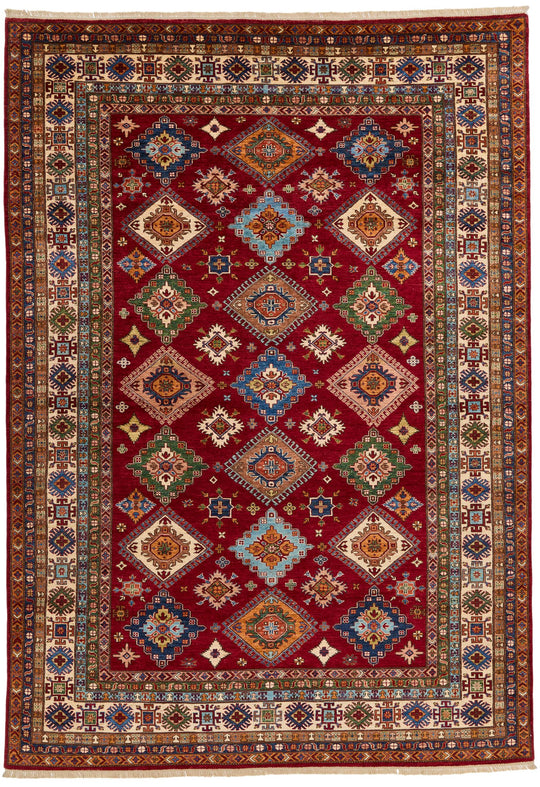 9x13 Red and Ivory Kazak Tribal Rug