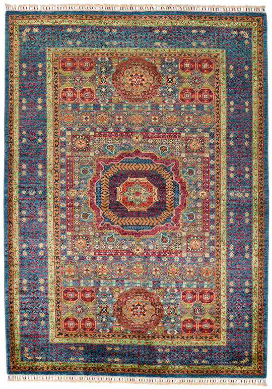 6x8 Multicolor and Blue Turkish Tribal Rug