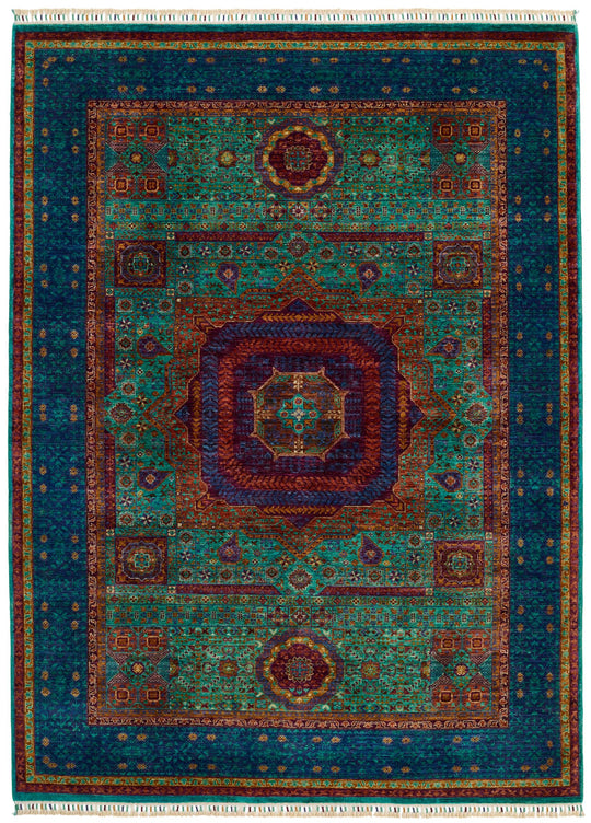 6x8 Green and Navy Turkish Tribal Rug