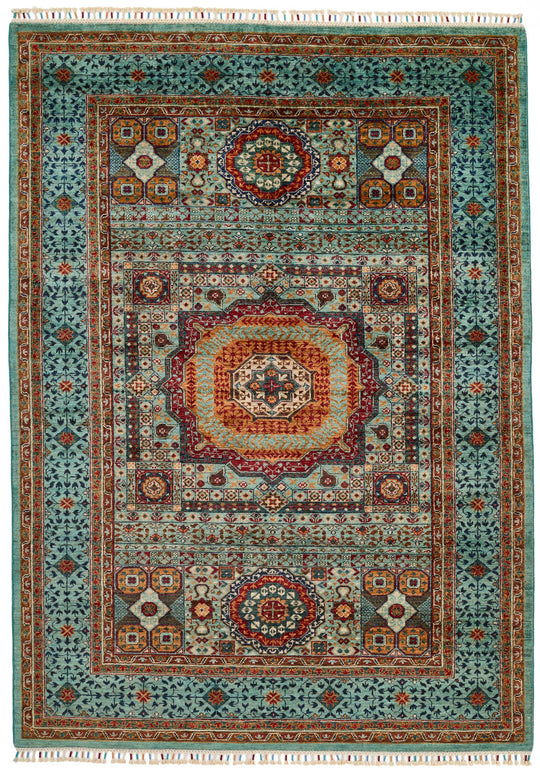 6x8 Gray and Light Blue Turkish Tribal Rug