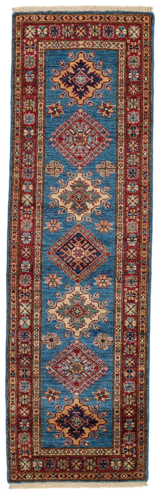 2x7 Light Blue and Red Kazak Tribal Runner