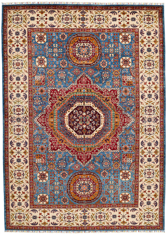 6x9 Blue and Ivory Turkish Tribal Rug