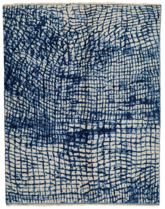 5x7 Ivory and Navy Turkish Tribal Rug