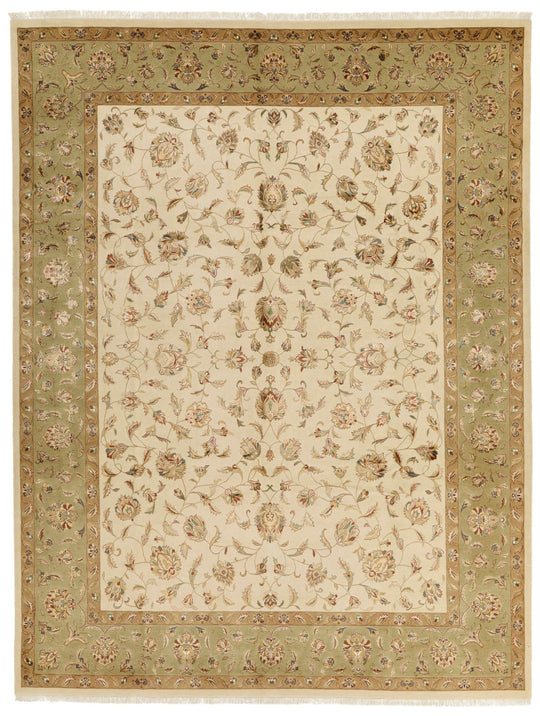 9x12 Ivory and Olive Green Turkish Tribal Rug