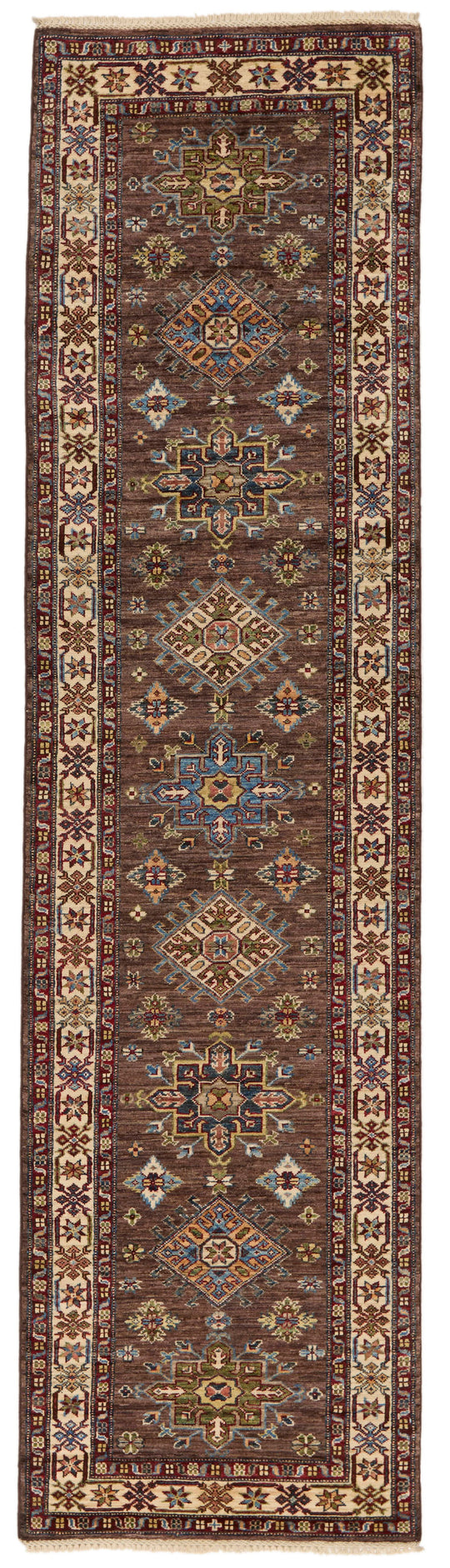 3x10 Brown and Ivory Kazak Tribal Runner