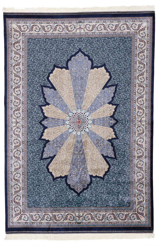 7x10 Navy and Ivory Turkish Silk Rug