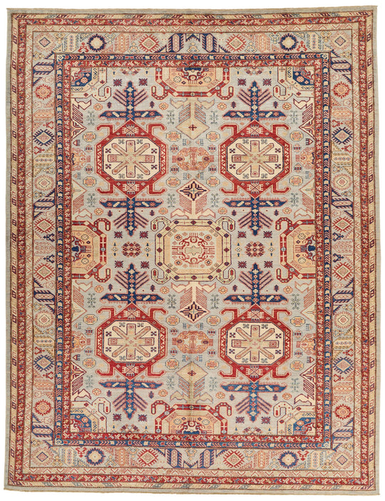 9x12 Light Gray and Multicolor Kazak Tribal Rug
