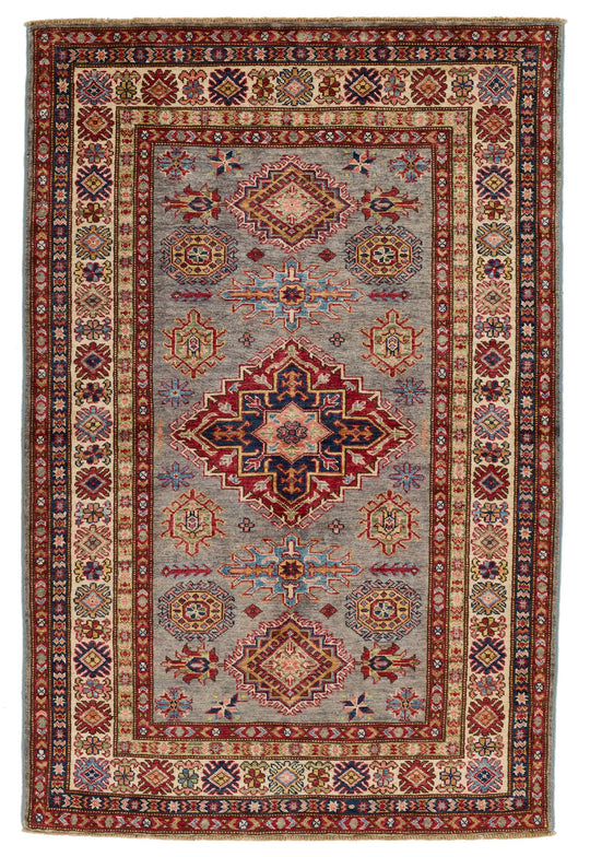 4x6 Gray and Ivory Kazak Tribal Rug