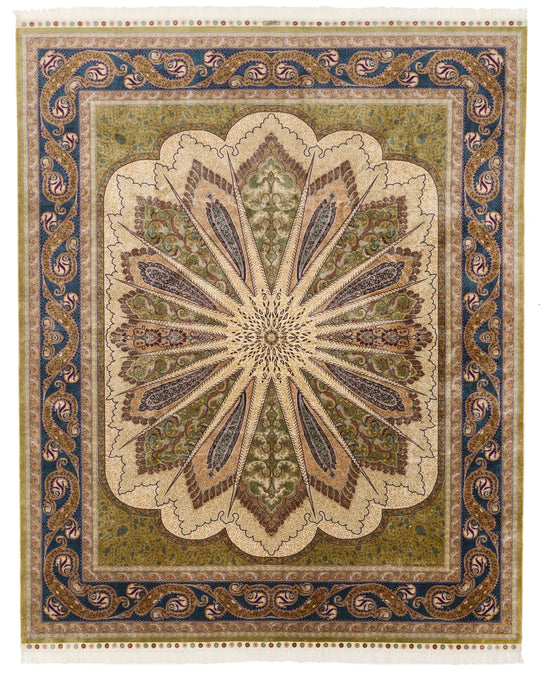 8x10 Light Green and Navy Turkish Silk Rug