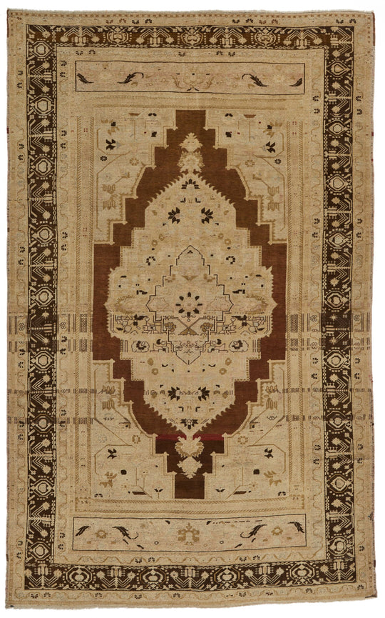 7x12 Ivory and Brown Turkish Tribal Rug