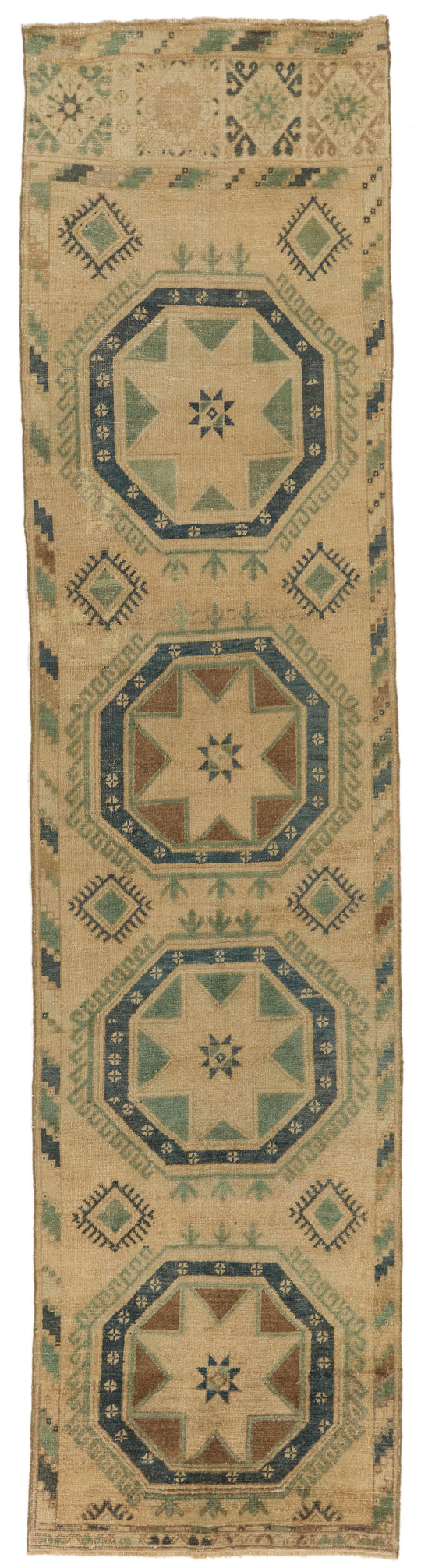 3x13 Ivory and Green Turkish Tribal Runner