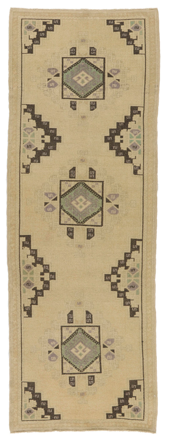 3x8 Ivory and Green Turkish Tribal Runner