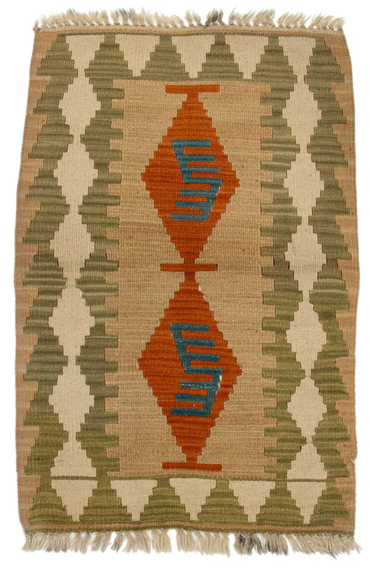 2x3 Orange and Green Turkish Tribal Rug