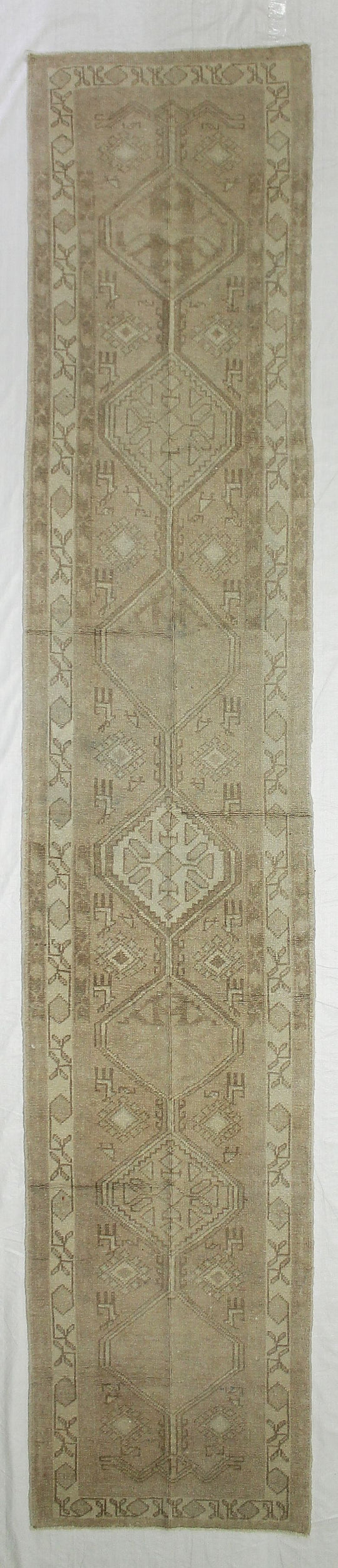 2x13 Beige and Ivory Green Turkish Tribal Runner