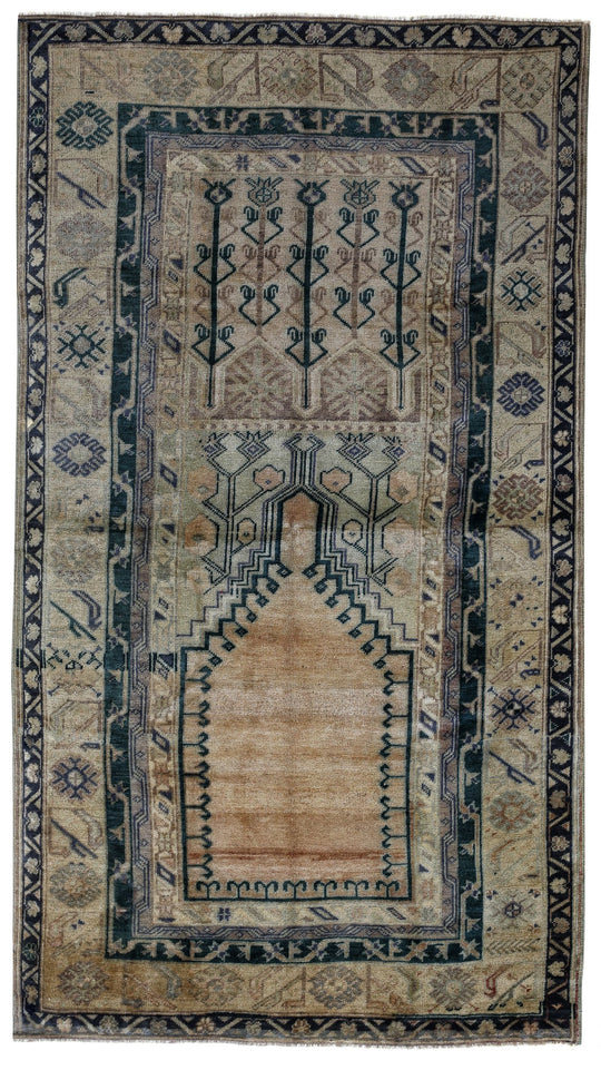 5x8 Ivory and Green Turkish Tribal Rug