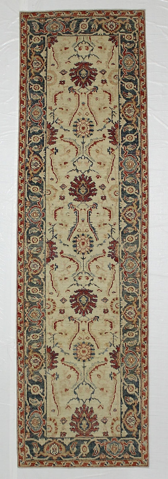 3x9 Ivory and Green Turkish Oushak Runner