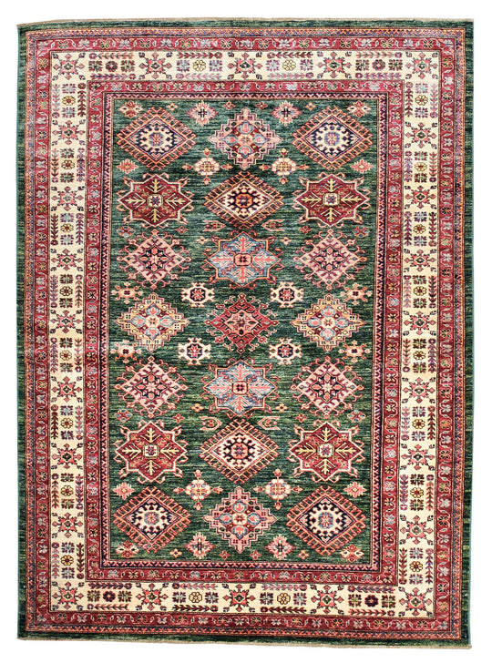 6x8 Green and Ivory Kazak Tribal Rug