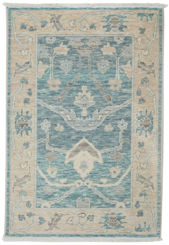 2x3 Green and Beige Turkish Traditional Rug