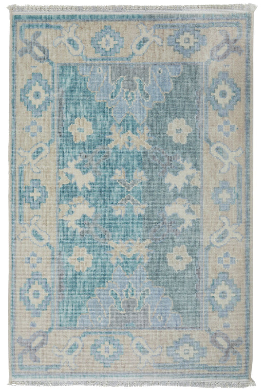 2x3 Green and Beige Turkish Traditional Rug