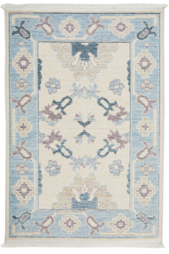 2x3 Beige and Blue Turkish Traditional Rug