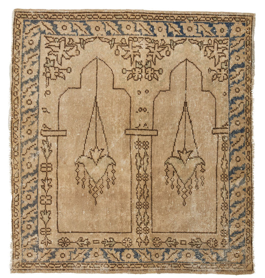 4x4 Ivory and Blue Turkish Tribal Rug