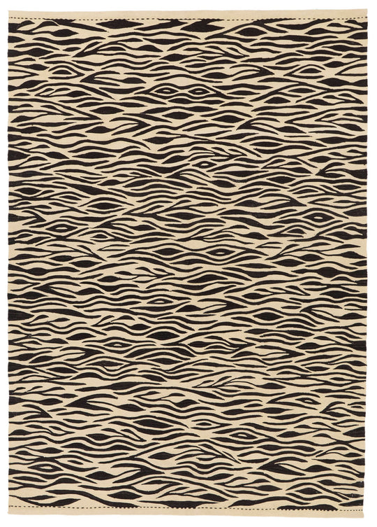 6x8 Black and Ivory Turkish Tribal Rug