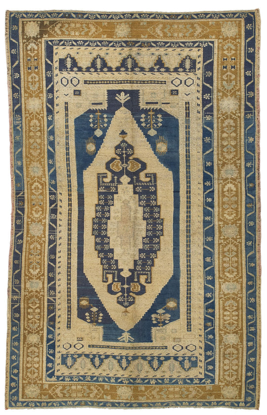5x8 Ivory and Navy Turkish Tribal Rug
