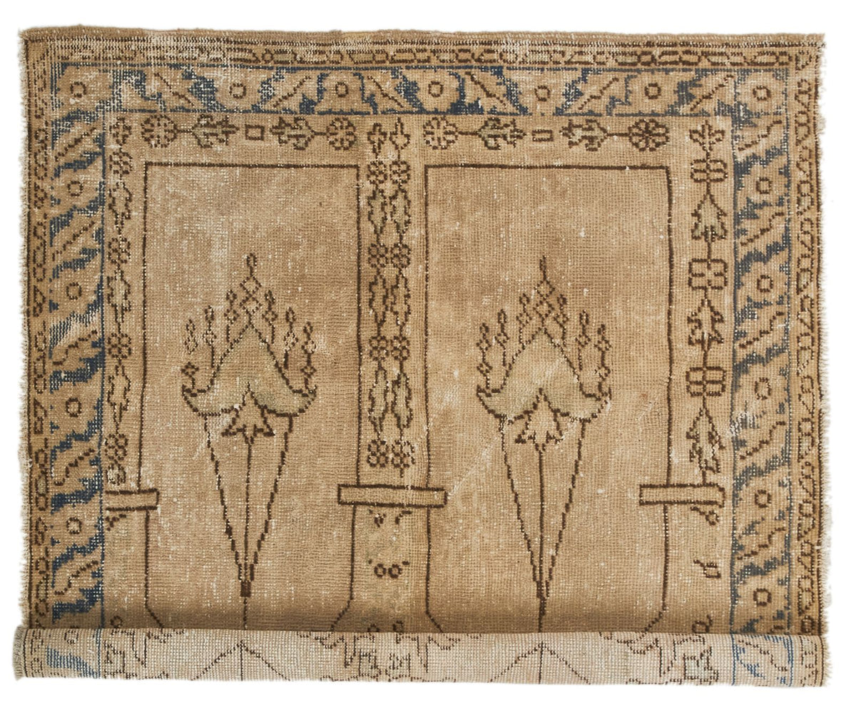 4x4 Ivory and Blue Turkish Tribal Rug