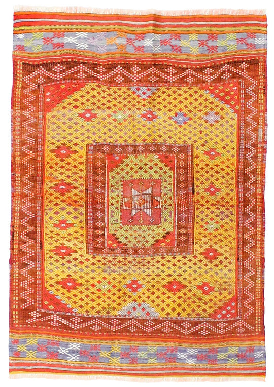 4x5 Gold and Red Turkish Tribal Rug